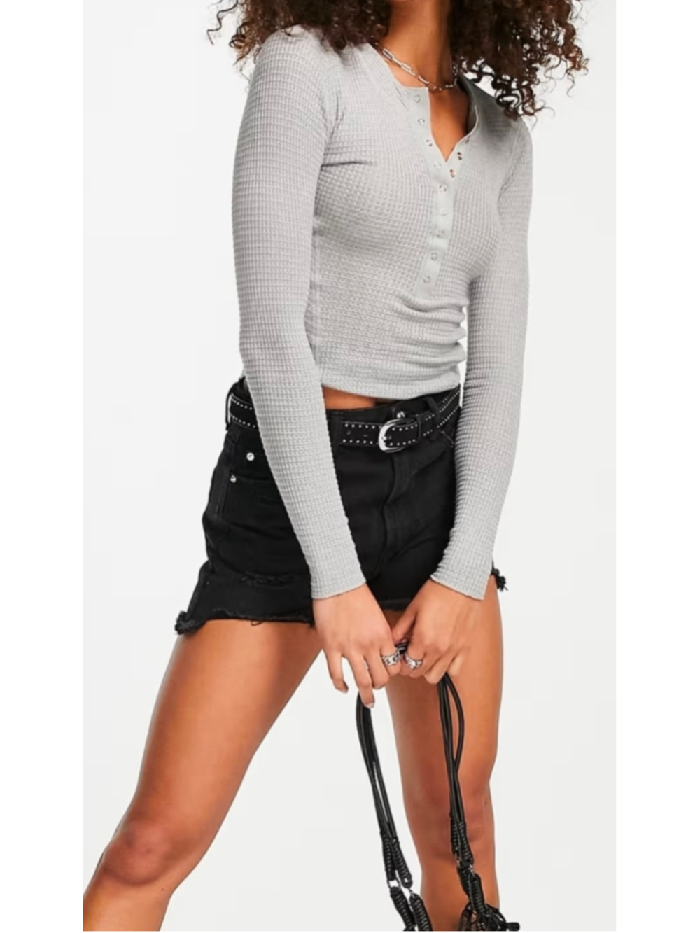 Free People Intimately One of the Girls Henley Waffle Knit Heather Grey Size XS